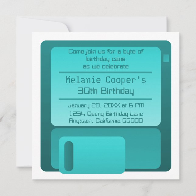 Floppy Disc Geek Birthday Party Invite, Teal Invitation (Front)