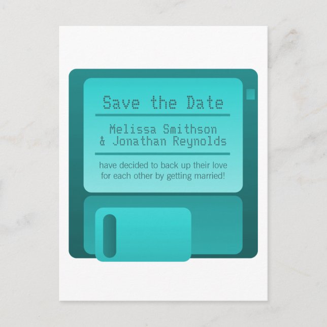Floppy Disc Save the Date Postcard, Turquoise Announcement Postcard (Front)