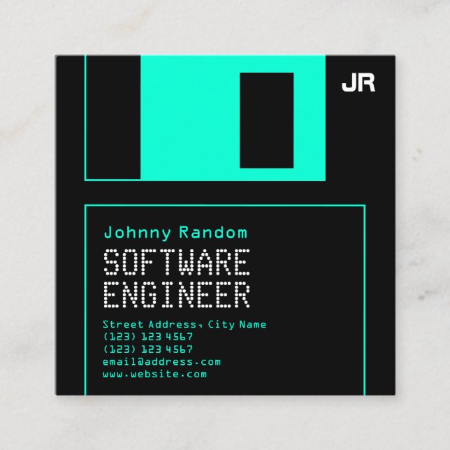 Floppy disk black cyan retro style  square business card (Front)