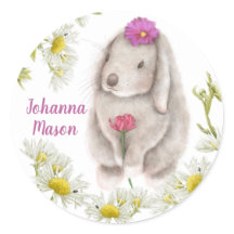 Floppy Eared Bunny and Daisies Round Stickers