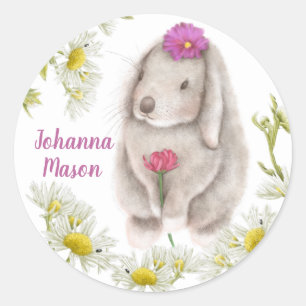 Floppy Eared Bunny and Daisies Round Stickers