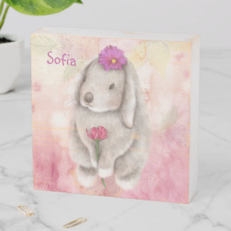 Floppy Eared Bunny on Watercolor Floral Wooden Box Sign