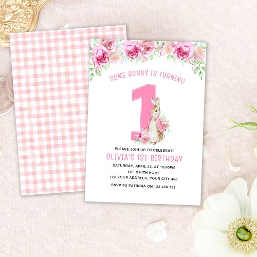 Flopsy Rabbit 1st Birthday Pink Floral Invitation