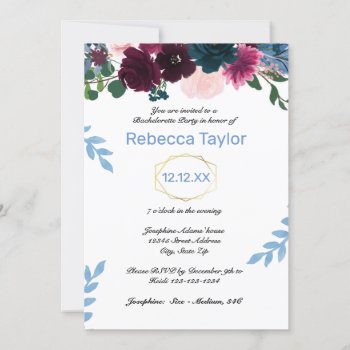 Flora Blooms Blue Vertical - Bachelorette Party Invitation by Midesigns55555 at Zazzle