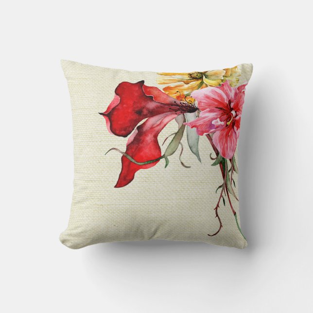 Flora Botanica Watercolor Flowers Burlap Throw Pillow (Front)