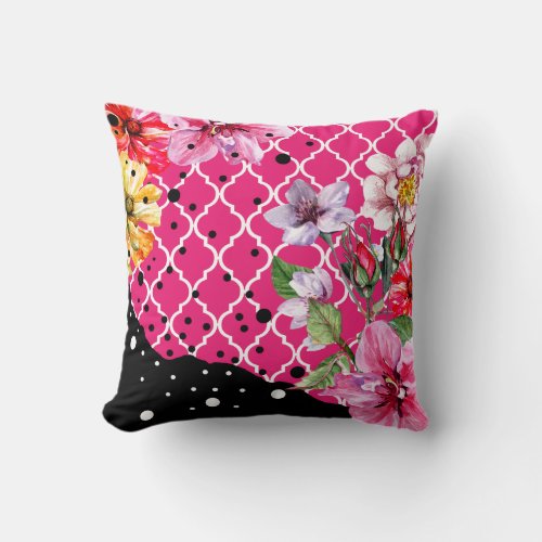 Flora Brazilica  fuchsia yellow quatrefoil floral Throw Pillow