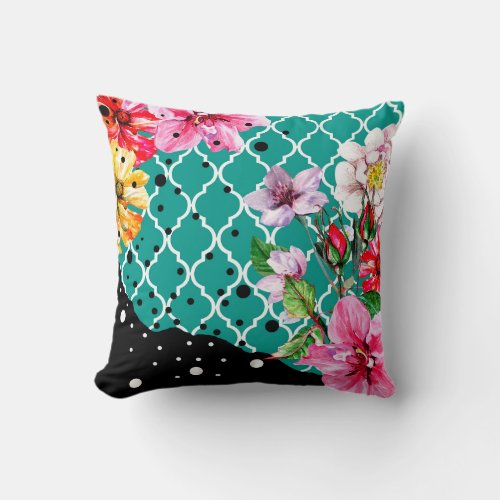 Flora Brazilica  teal pink quatrefoil floral Throw Pillow