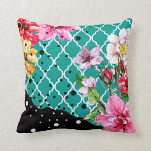 Flora Brazilica teal pink quatrefoil floral Throw Pillow