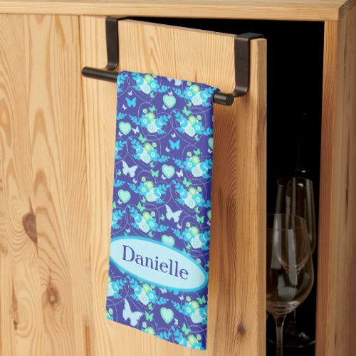 Flora butterflies  hearts blue custom name kitchen towel