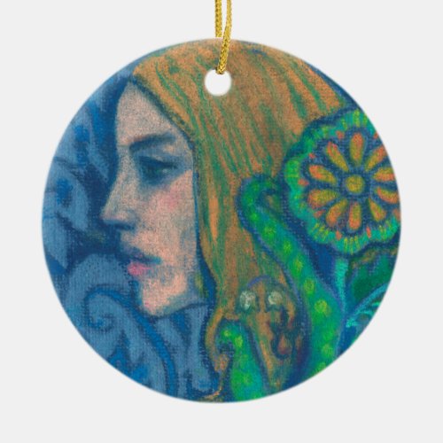 Flora girls profile floral flowers blue green ceramic ornament