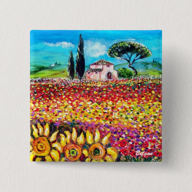 FLORA IN TUSCANY/ Fields ,Poppies and Sunflowers Button (Front)