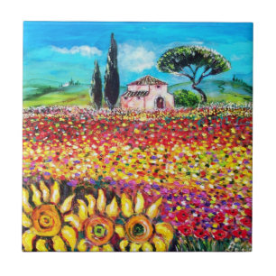 FLORA IN TUSCANY/ Fields ,Poppies and Sunflowers Ceramic Tile