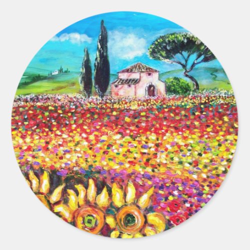 FLORA IN TUSCANY Fields Poppies and Sunflowers Classic Round Sticker