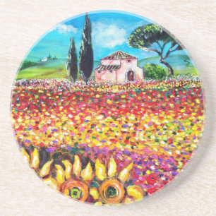 FLORA IN TUSCANY/ Fields ,Poppies and Sunflowers Drink Coaster