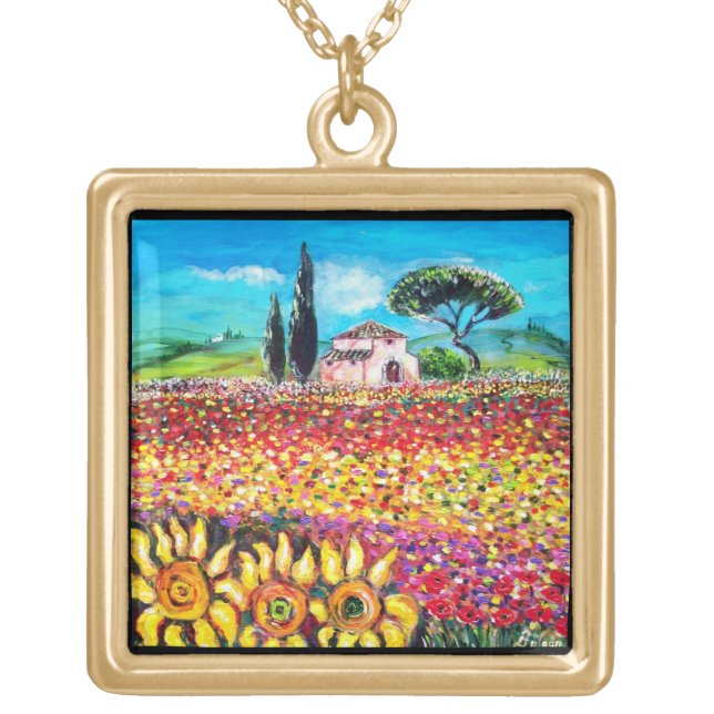 FLORA IN TUSCANY/ Fields ,Poppies and Sunflowers Gold Plated Necklace (Front)
