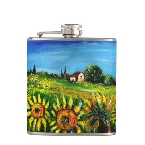 FLORA IN TUSCANY Fields Poppies and Sunflowers Hip Flask