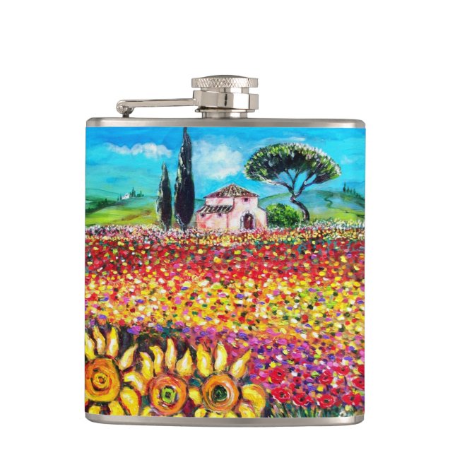 FLORA IN TUSCANY/ Fields ,Poppies and Sunflowers Hip Flask (Front)