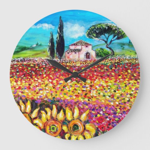 FLORA IN TUSCANY Fields Poppies and Sunflowers Large Clock