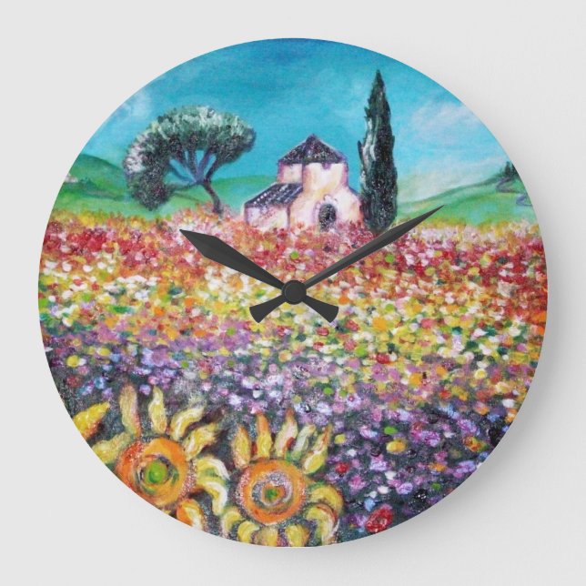 FLORA IN TUSCANY/ Fields ,Poppies and Sunflowers Large Clock (Front)
