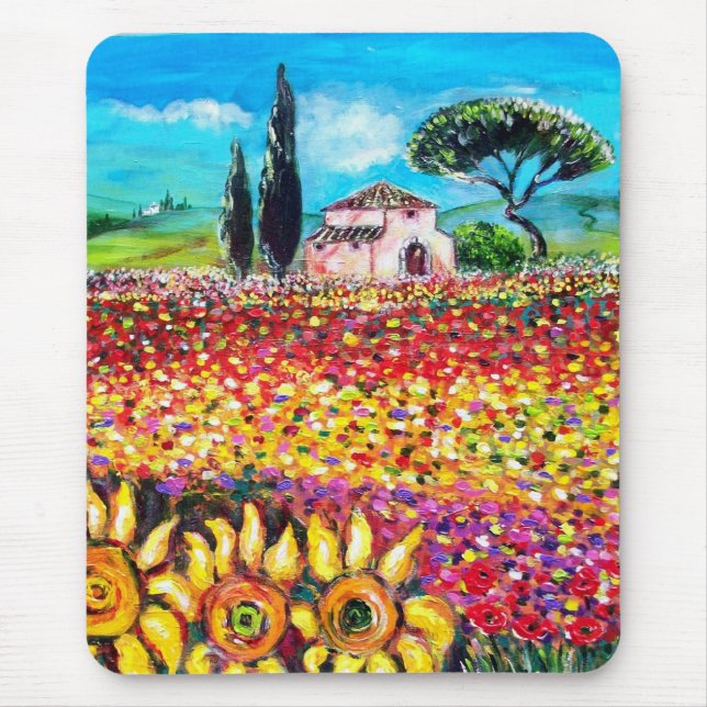 FLORA IN TUSCANY/ Fields ,Poppies and Sunflowers Mouse Pad (Front)