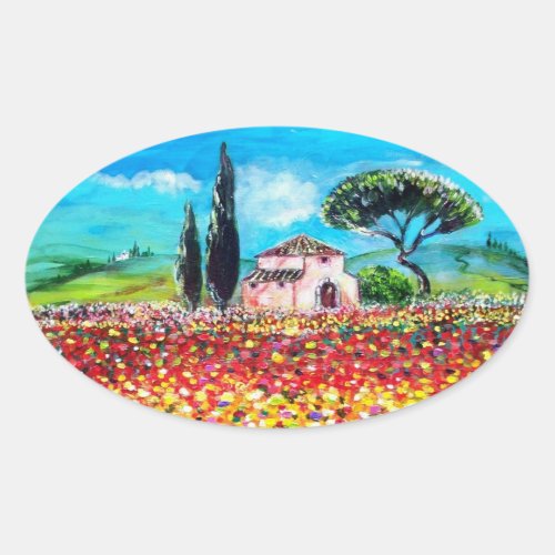 FLORA IN TUSCANY Fields Poppies and Sunflowers Oval Sticker