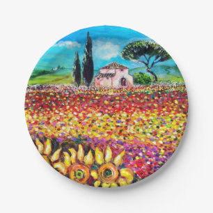 FLORA IN TUSCANY/ Fields ,Poppies and Sunflowers Paper Plates