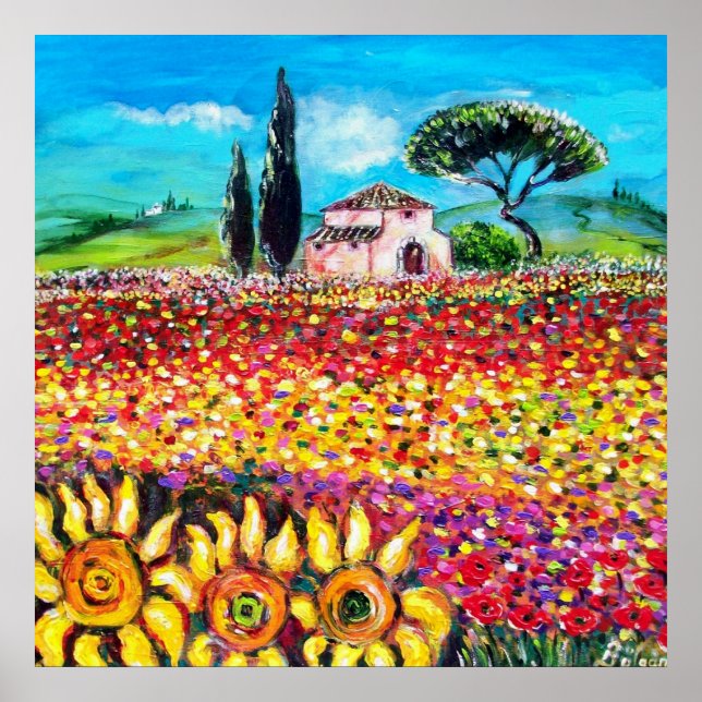 FLORA IN TUSCANY/ Fields ,Poppies and Sunflowers Poster (Front)
