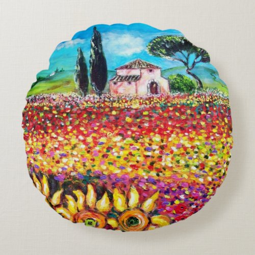 FLORA IN TUSCANY Fields Poppies and Sunflowers Round Pillow