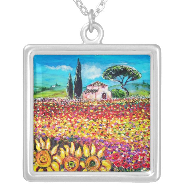 FLORA IN TUSCANY/ Fields ,Poppies and Sunflowers Silver Plated Necklace (Front)