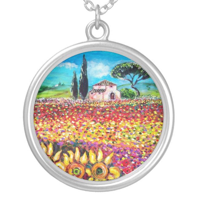 FLORA IN TUSCANY/ Fields ,Poppies and Sunflowers Silver Plated Necklace (Front)