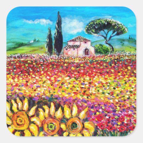 FLORA IN TUSCANY Fields Poppies and Sunflowers Square Sticker