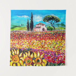 FLORA IN TUSCANY/ Fields ,Poppies and Sunflowers Tapestry