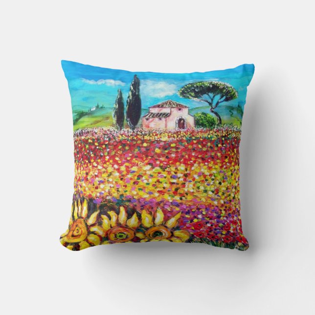 FLORA IN TUSCANY/ Fields ,Poppies and Sunflowers Throw Pillow (Front)