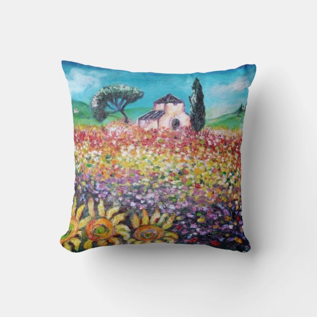 FLORA IN TUSCANY/ Fields ,Poppies and Sunflowers Throw Pillow (Front)
