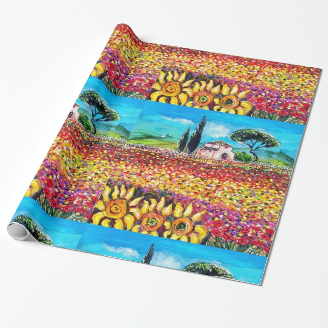 FLORA IN TUSCANY/ Fields ,Poppies and Sunflowers Wrapping Paper (Unrolled)