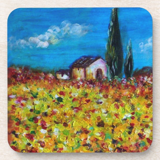 FLORA IN TUSCANY/ Flower Fields ,Poppies Drink Coaster (Front)