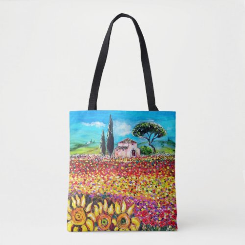 FLORA IN TUSCANY LANDSCAPE Poppies and Sunflowers Tote Bag