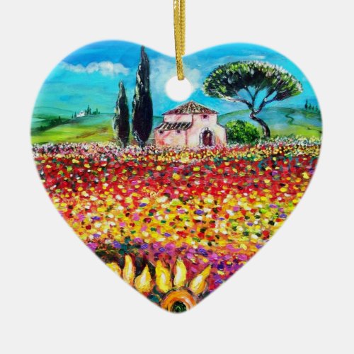 FLORA IN TUSCANY Poppies and Sunflowers heart Ceramic Ornament