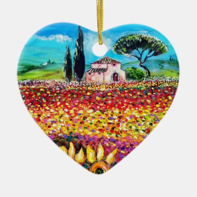 FLORA IN TUSCANY/ Poppies and Sunflowers ,heart Ceramic Ornament (Front)