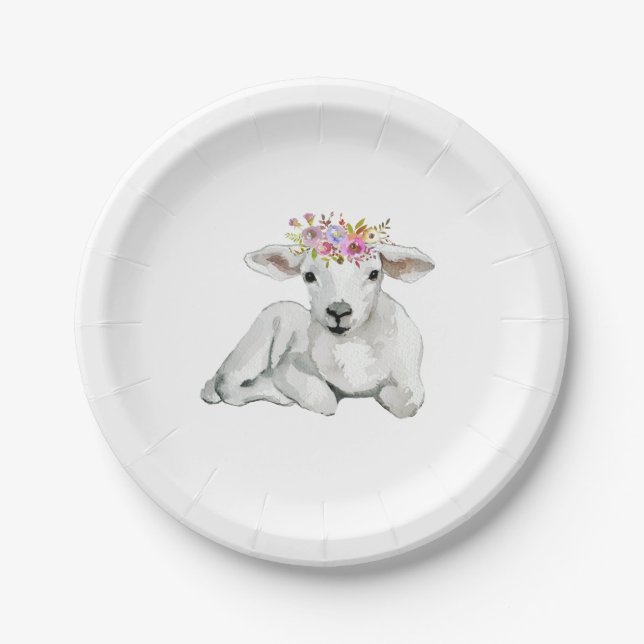 Flora Lamb Baby Shower Paper Plates (Front)