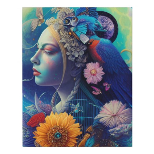 Flora Style Art Woman Moon Parrot Flowers Faux Canvas Print