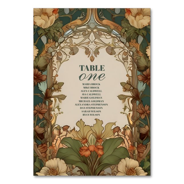 Flora Vintage Art Nouveau Wedding Table Number (Front)