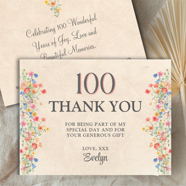 Floral 100th Birthday – Elegant Wildflower Thank You Card (Creator Uploaded)