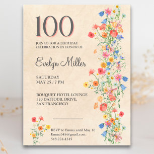 Floral 100th Birthday – Elegant Wildflowers Invitation Postcard