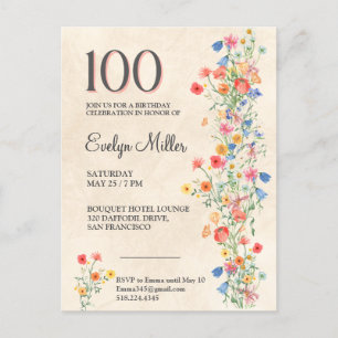 Floral 100th Birthday – Elegant Wildflowers Invitation Postcard