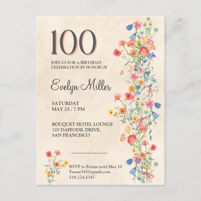 Floral 100th Birthday – Elegant Wildflowers Invitation Postcard (Front)