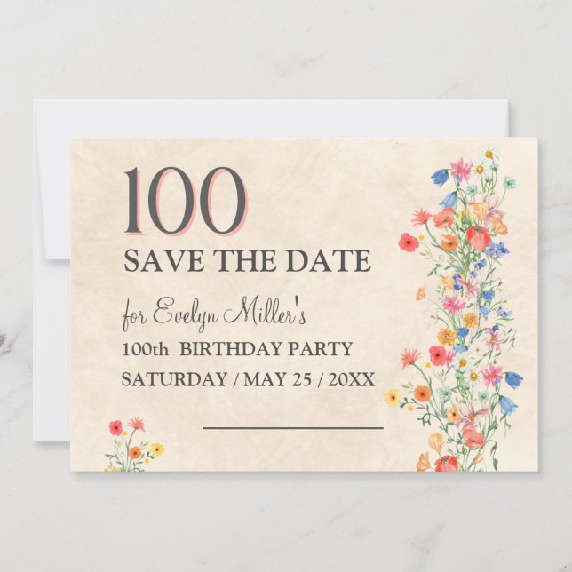 Floral 100th Birthday – Elegant Wildflowers Save The Date (Front)