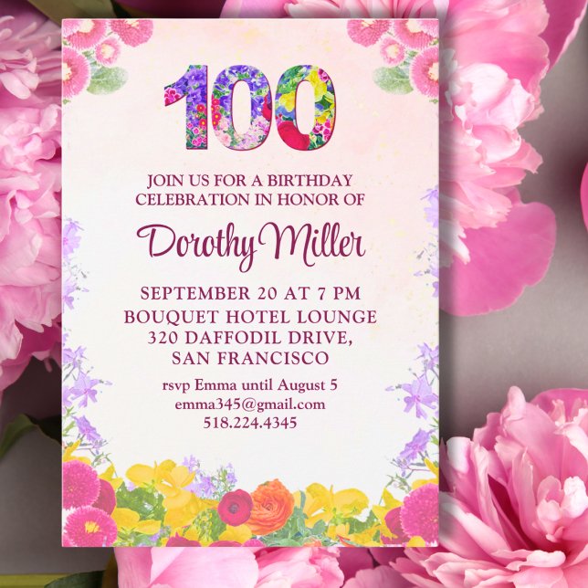 Floral 100th Birthday Invitation -  Elegant 100 Postcard (Creator Uploaded)