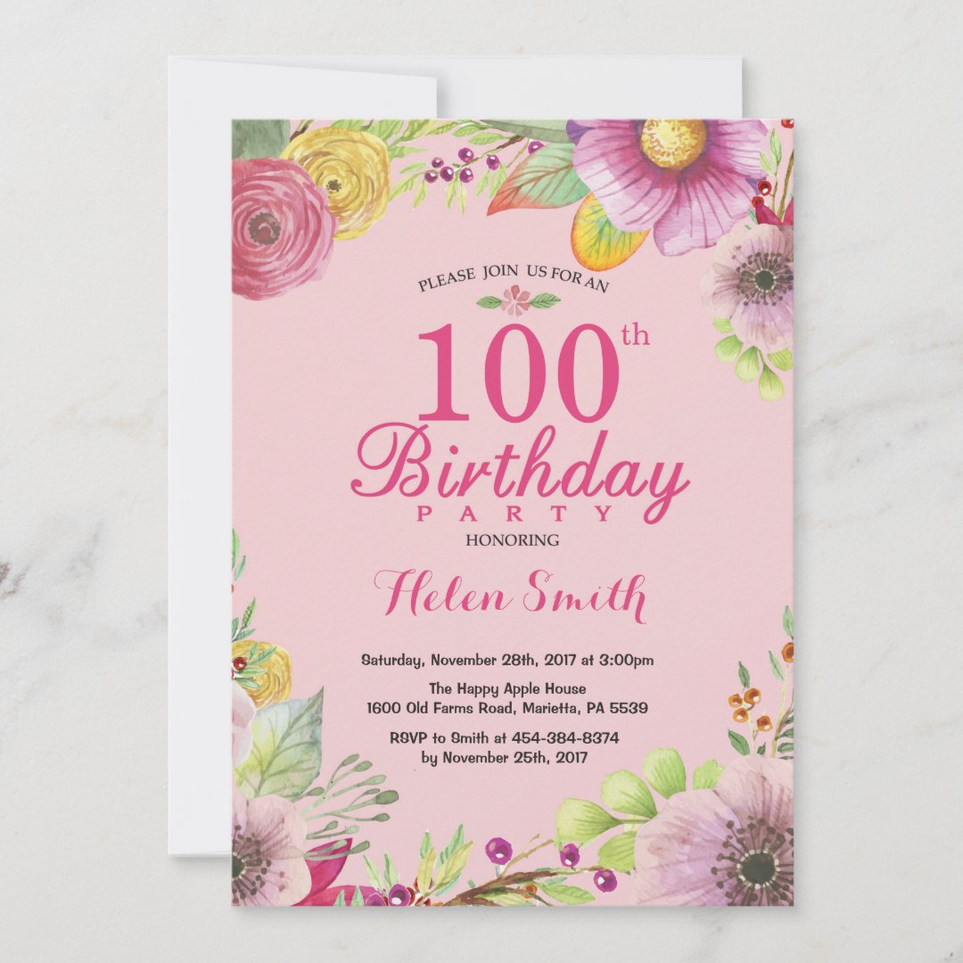 Floral 100th Birthday Invitation for Women Pink | Zazzle