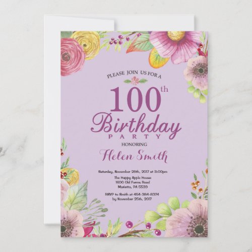 Floral 100th Birthday Invitation for Women Purple